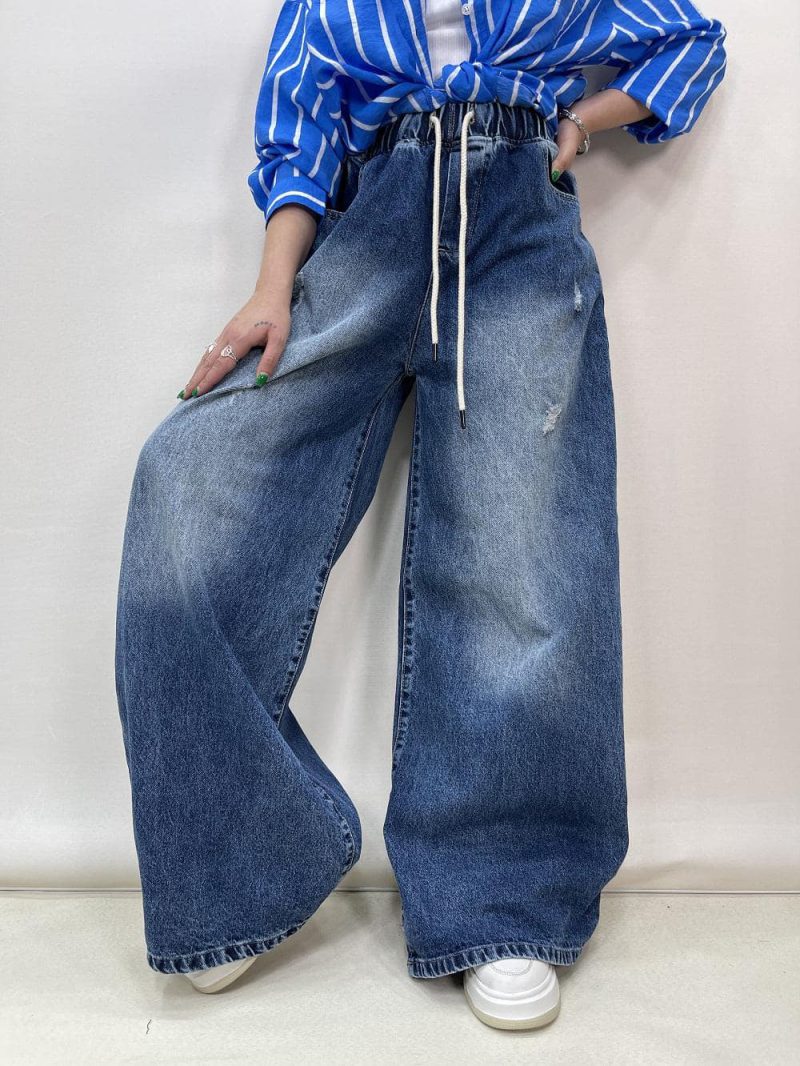 شلوار جین زنانه سوپر بگ کمر کش آبی تیره