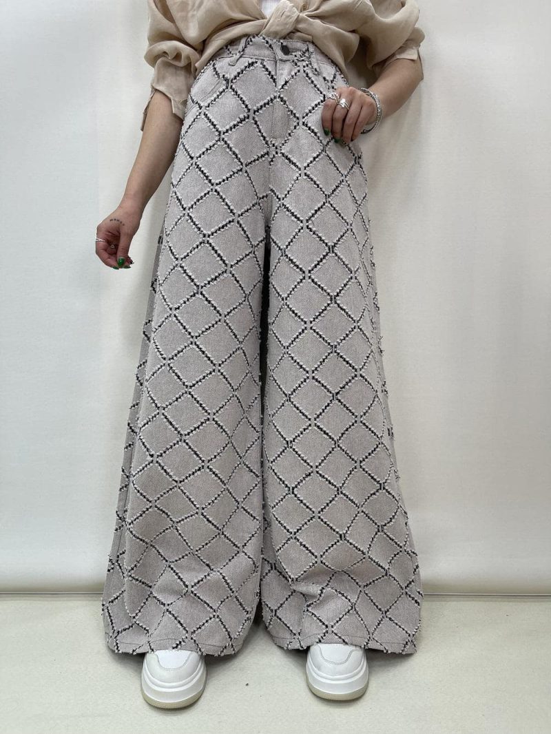 شلوار جین کتان زنانه سوپر بگ کرم رنگ