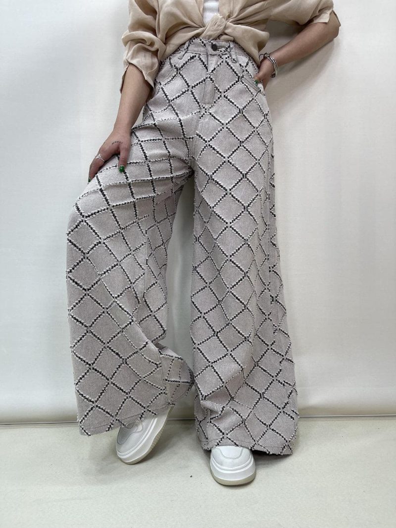 شلوار جین کتان زنانه سوپر بگ کرم رنگ