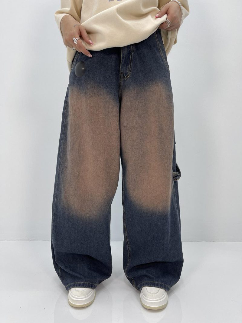 شلوار جین زنانه فول بگ آبی سنگشور گلدوزی