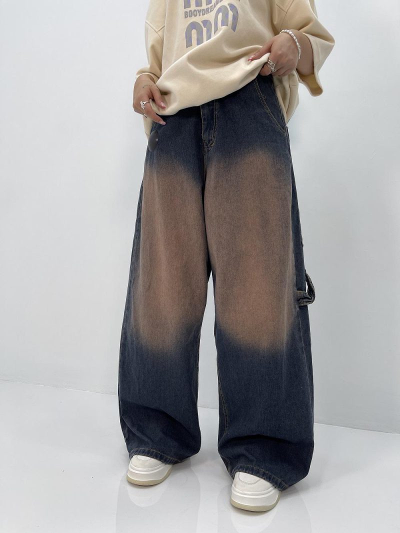 شلوار جین زنانه فول بگ آبی سنگشور گلدوزی