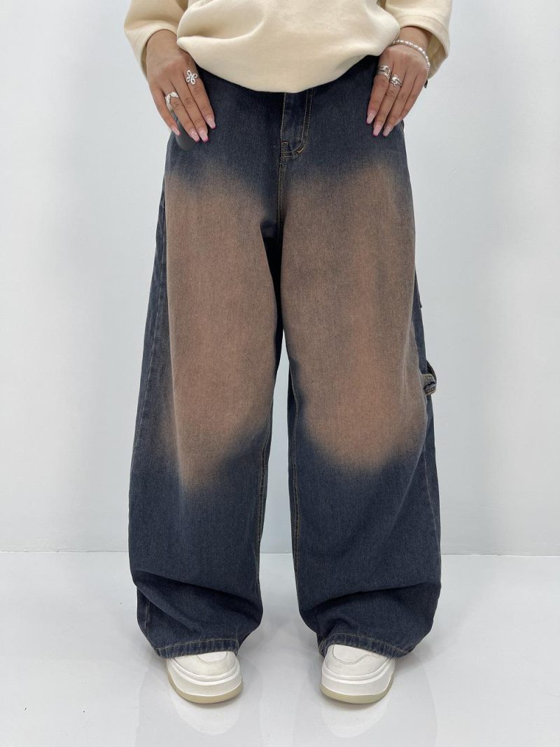 شلوار جین زنانه فول بگ آبی سنگشور گلدوزی