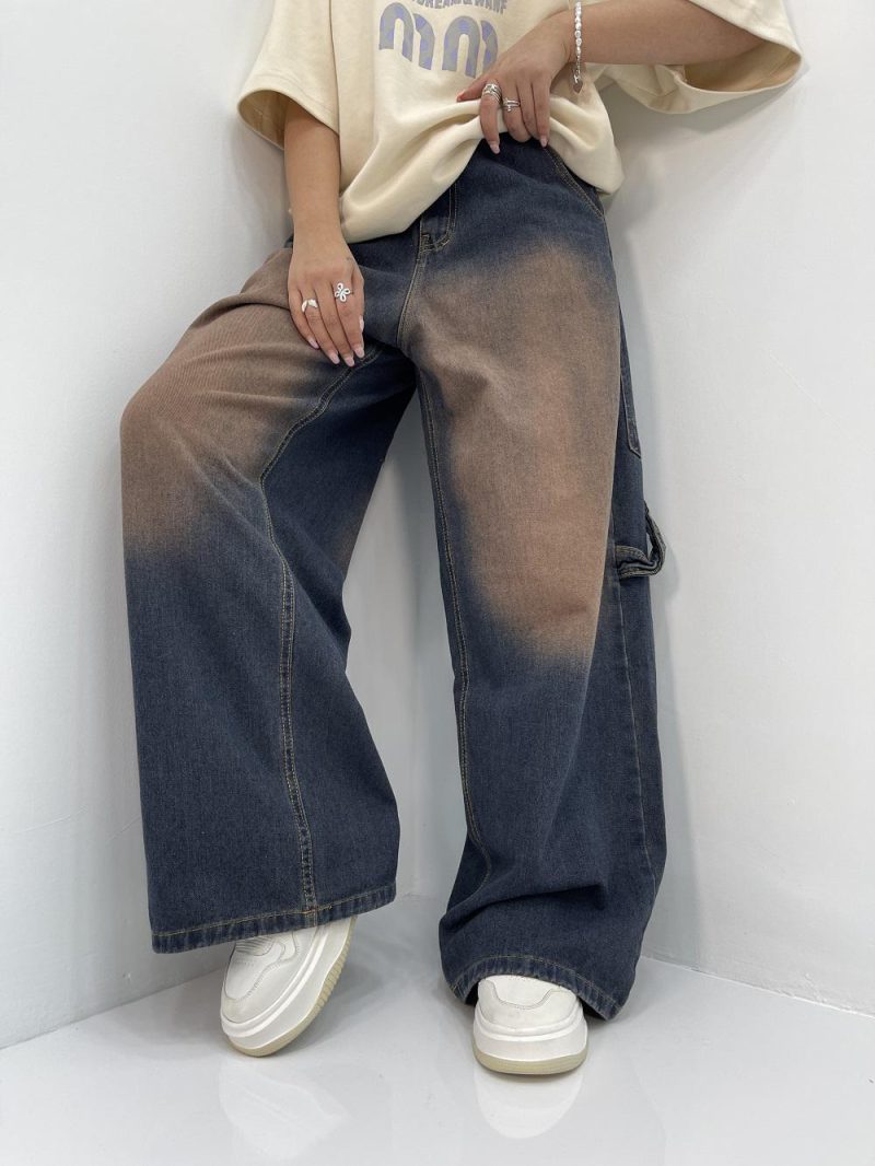 شلوار جین زنانه فول بگ آبی سنگشور گلدوزی