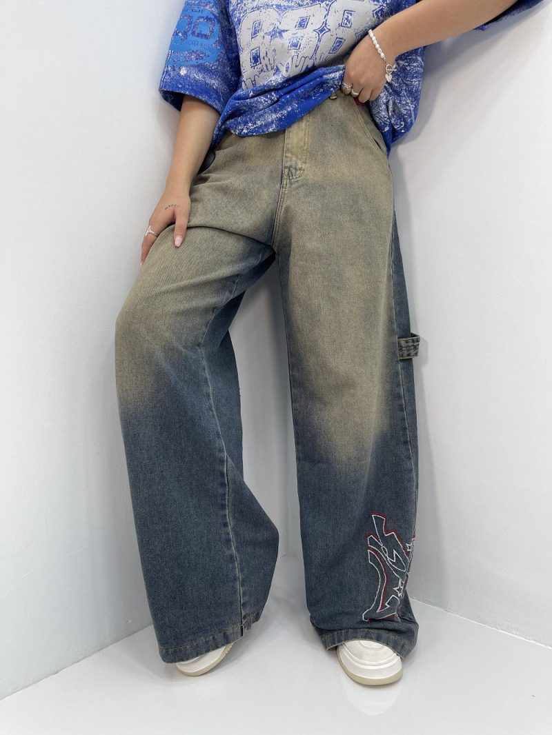 شلوار جین زنانه فول بگ مکس گلدوزی