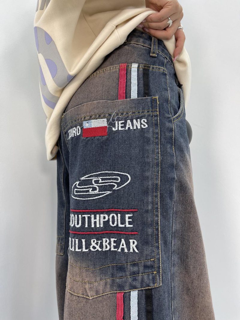 شلوار جین زنانه فول بگ آبی سنگشور گلدوزی