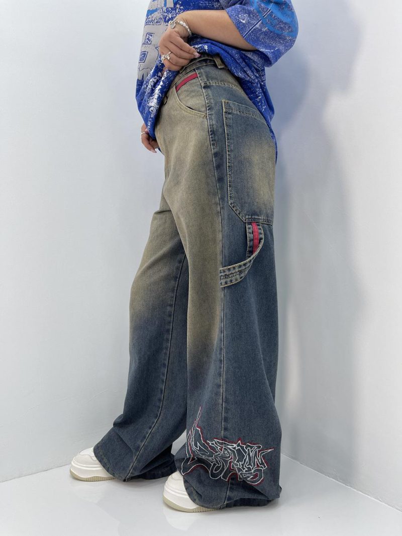 شلوار جین زنانه فول بگ مکس گلدوزی