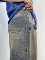 شلوار جین زنانه فول بگ آبی سنگشور گلدوزی