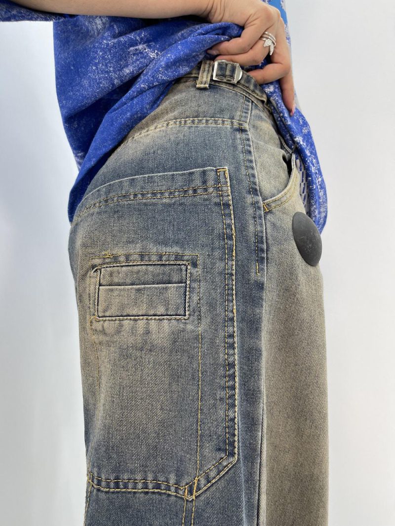 شلوار جین زنانه فول بگ آبی سنگشور گلدوزی