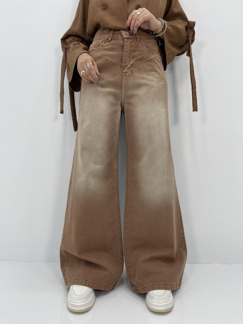 شلوار کتان زنانه فول بگ قهوه ای تیره