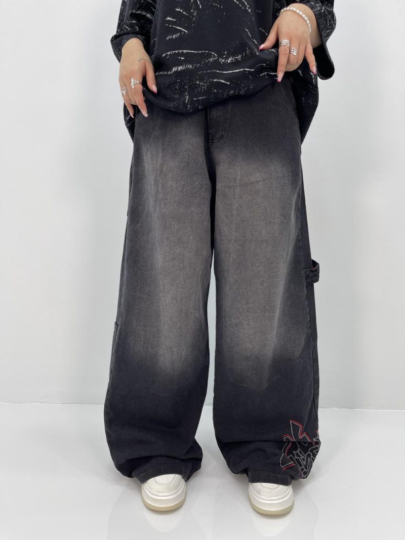 شلوار جین زنانه فول بگ زغالی گلدوزی