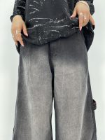 شلوار جین زنانه فول بگ زغالی گلدوزی