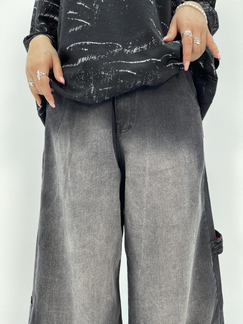 شلوار جین زنانه فول بگ زغالی گلدوزی