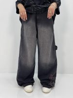 شلوار جین زنانه فول بگ زغالی گلدوزی