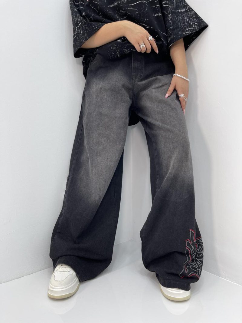 شلوار جین زنانه فول بگ زغالی گلدوزی