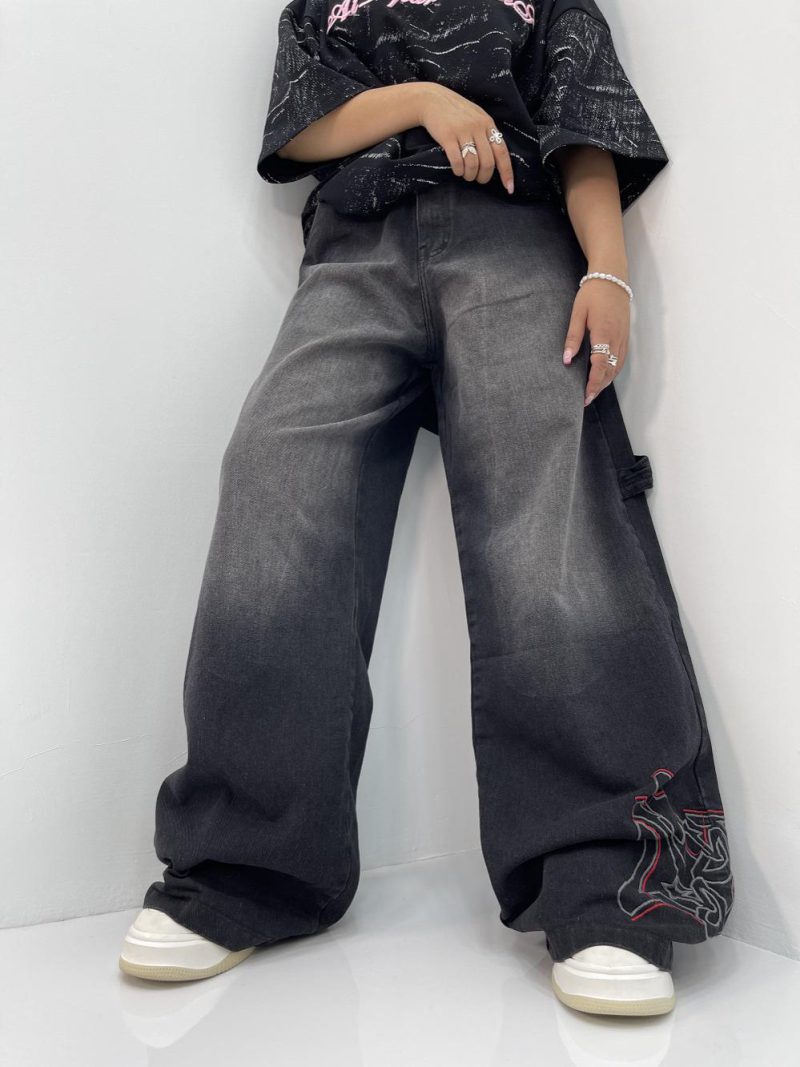 شلوار جین زنانه فول بگ زغالی گلدوزی