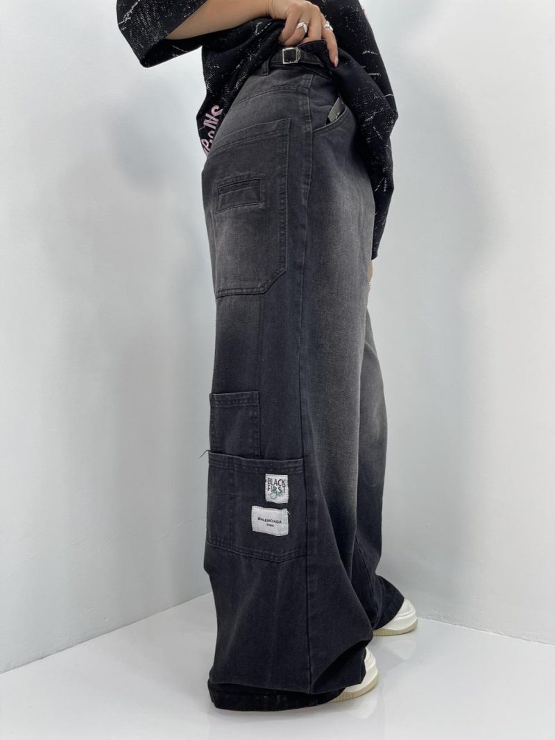 شلوار جین زنانه فول بگ زغالی گلدوزی