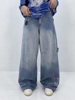 شلوار جین زنانه فول بگ آبی روشن گلدوزی