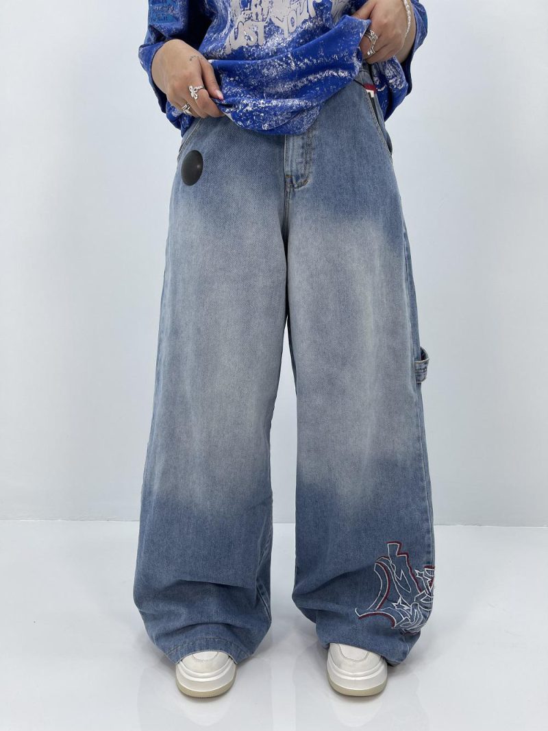 شلوار جین زنانه فول بگ آبی روشن گلدوزی