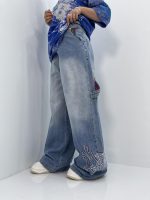 شلوار جین زنانه فول بگ آبی روشن گلدوزی مکس