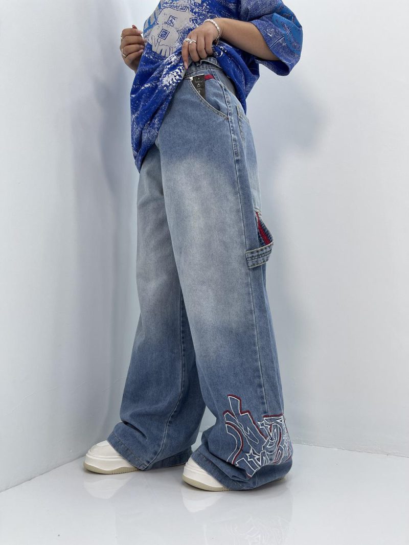 شلوار جین زنانه فول بگ آبی روشن گلدوزی مکس