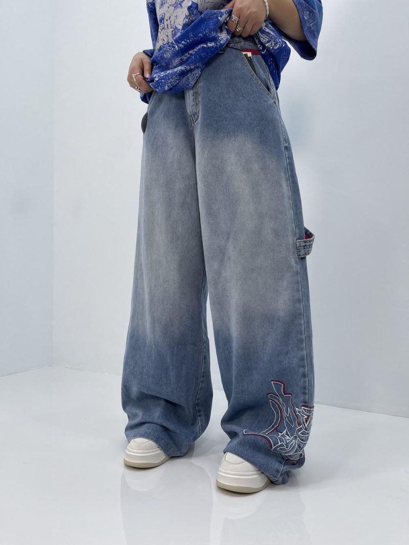 شلوار جین زنانه فول بگ آبی روشن گلدوزی مکس