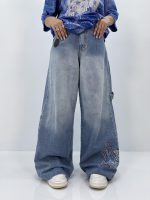 شلوار جین زنانه فول بگ آبی روشن گلدوزی مکس