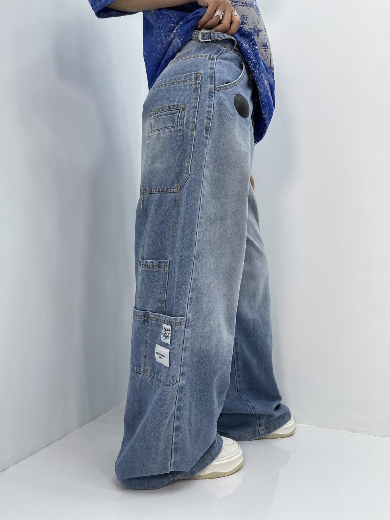 شلوار جین زنانه فول بگ آبی روشن گلدوزی مکس