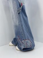 شلوار جین زنانه فول بگ آبی روشن گلدوزی مکس