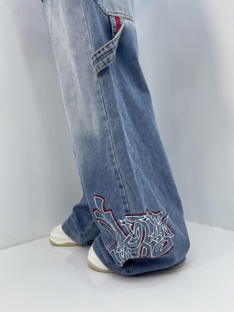 شلوار جین زنانه فول بگ آبی روشن گلدوزی مکس