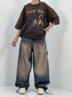 تیشرت باکسی سنگشور قهوه ای طرحدار