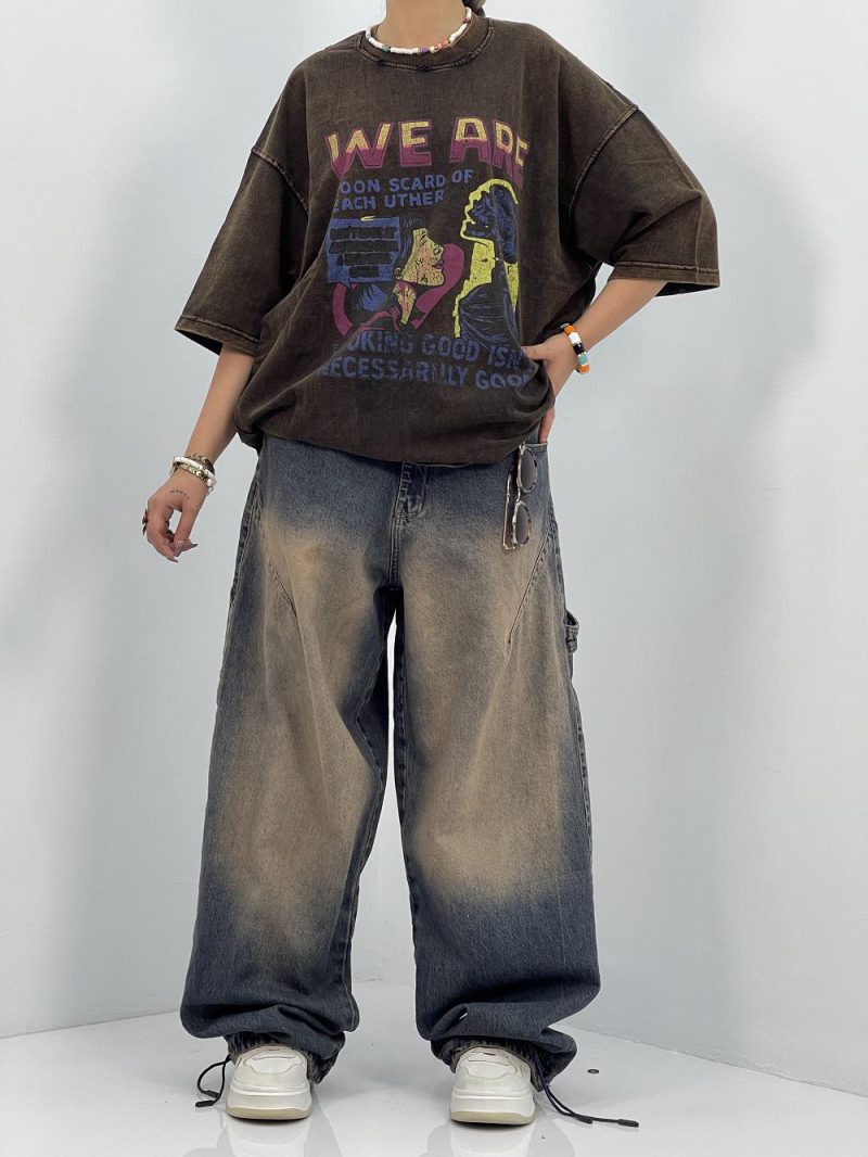 تیشرت باکسی سنگشور قهوه ای طرحدار