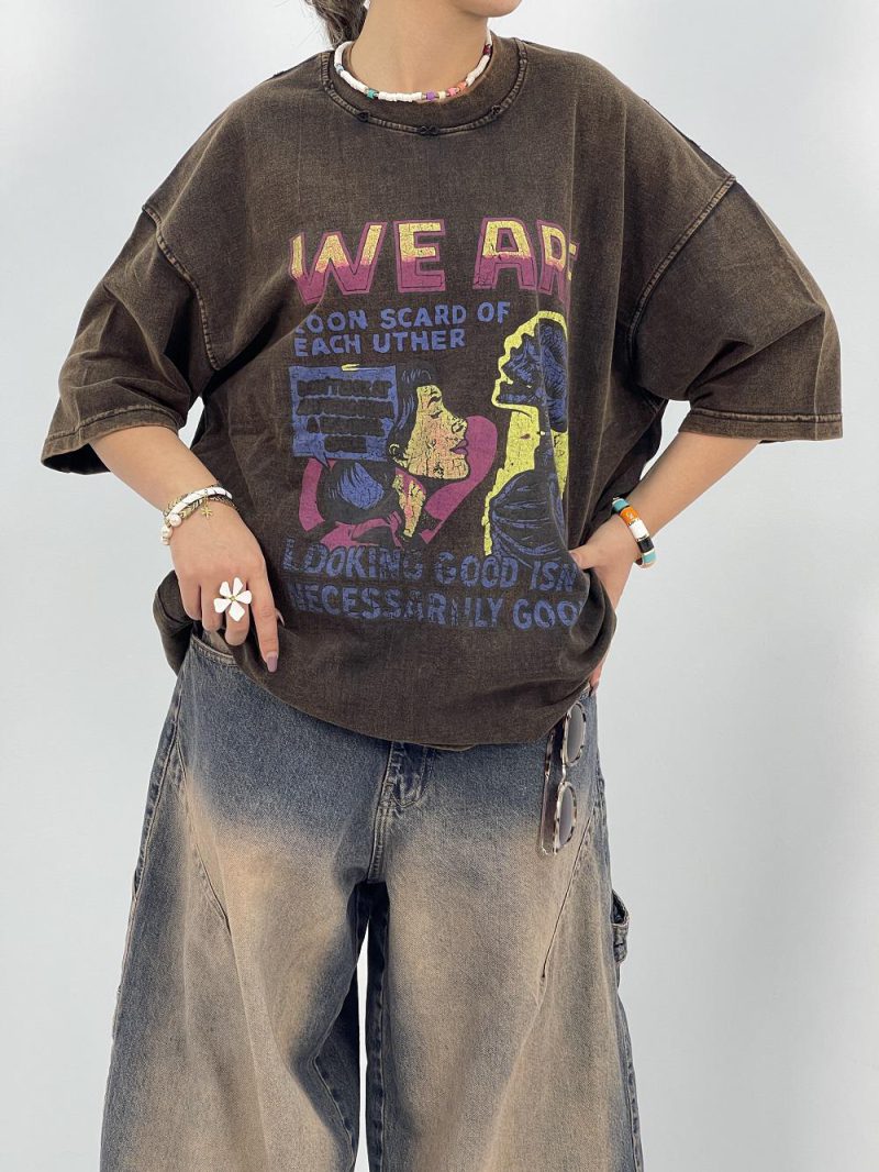 تیشرت باکسی سنگشور قهوه ای طرحدار