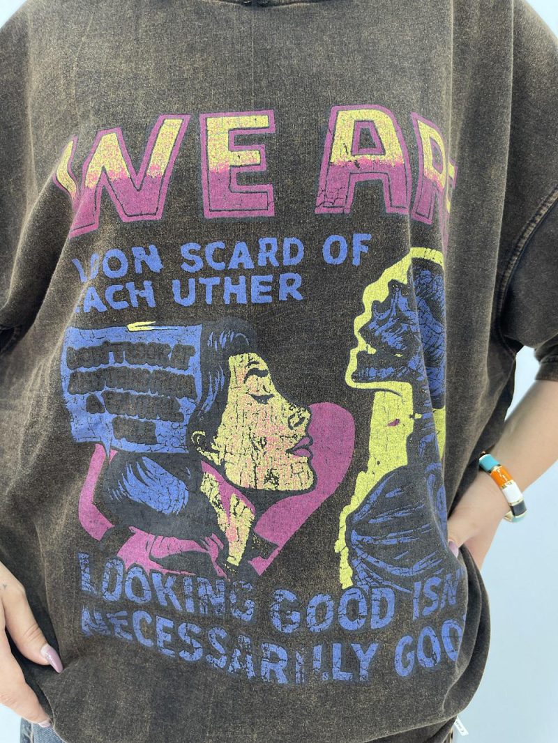 تیشرت باکسی سنگشور قهوه ای طرحدار