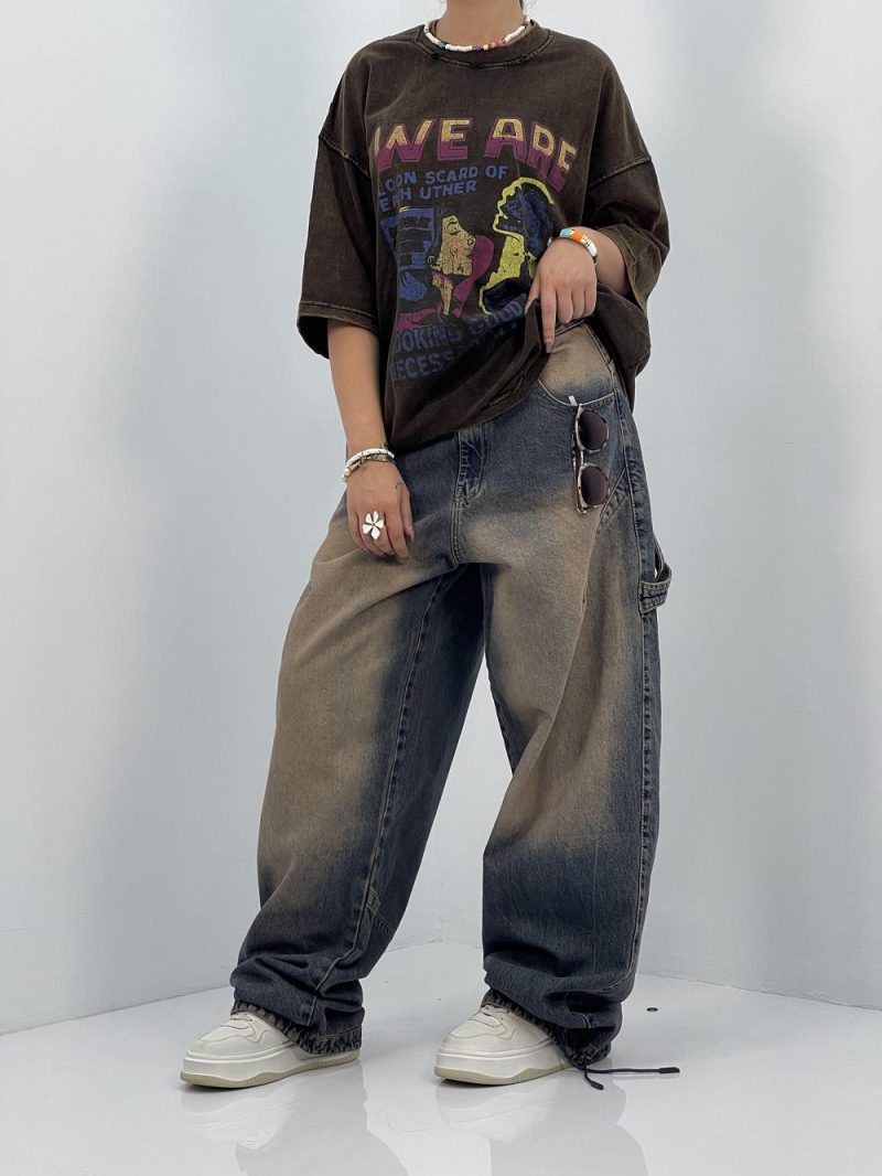 تیشرت باکسی سنگشور قهوه ای طرحدار