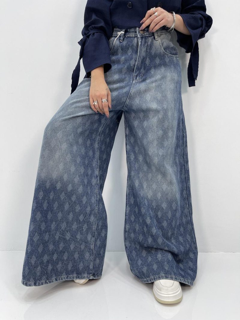 شلوار جین زنانه سوپر بگ طرحدار آبی