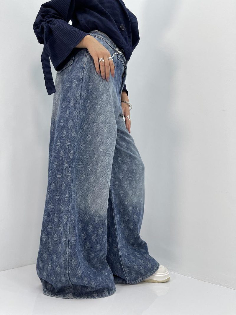 شلوار جین زنانه سوپر بگ طرحدار آبی