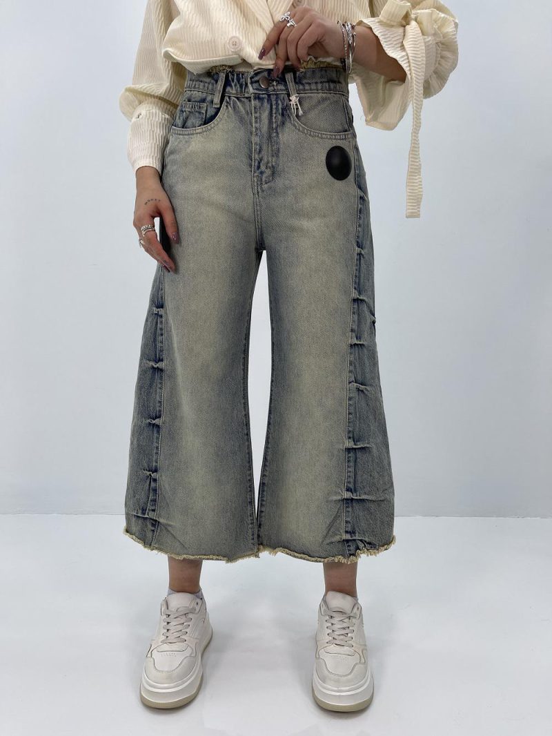 شلوار جین زنانه شافل کمر ریش دمپا ریش قد 90