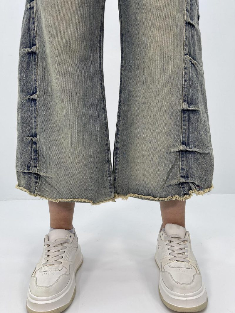 شلوار جین زنانه شافل کمر ریش دمپا ریش قد 90