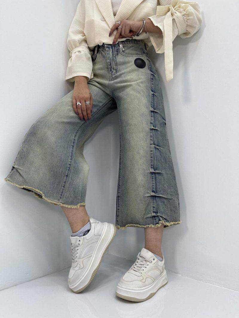 شلوار جین زنانه شافل کمر ریش دمپا ریش قد 90