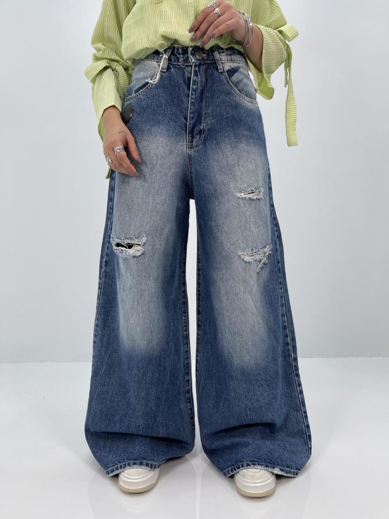 شلوار جین زنانه سوپر بگ زاپدار آبی