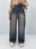 شلوار جین بگ زنانه سایز بزرگ آبی تیره سنگشور