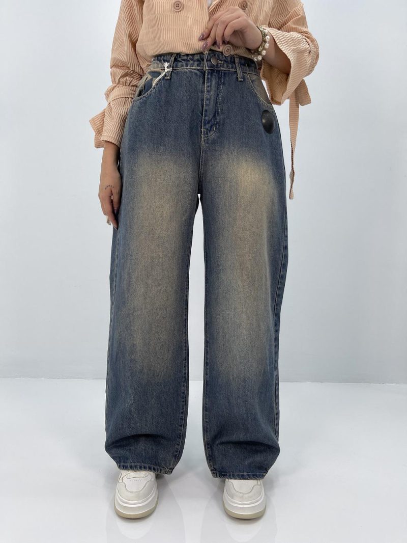 شلوار جین بگ زنانه سایز بزرگ آبی تیره سنگشور