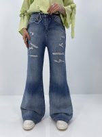 شلوار جین زنانه واید لگ بلند آبی سنگشور