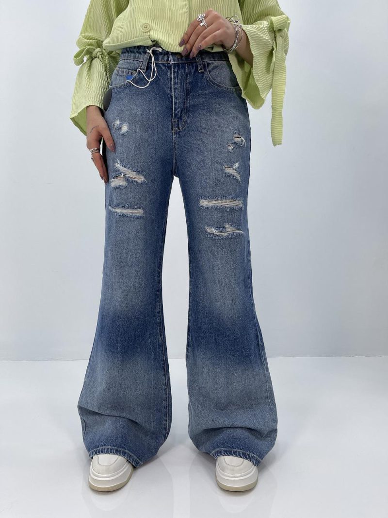 شلوار جین زنانه واید لگ بلند آبی سنگشور