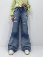 شلوار جین زنانه واید لگ بلند آبی سنگشور