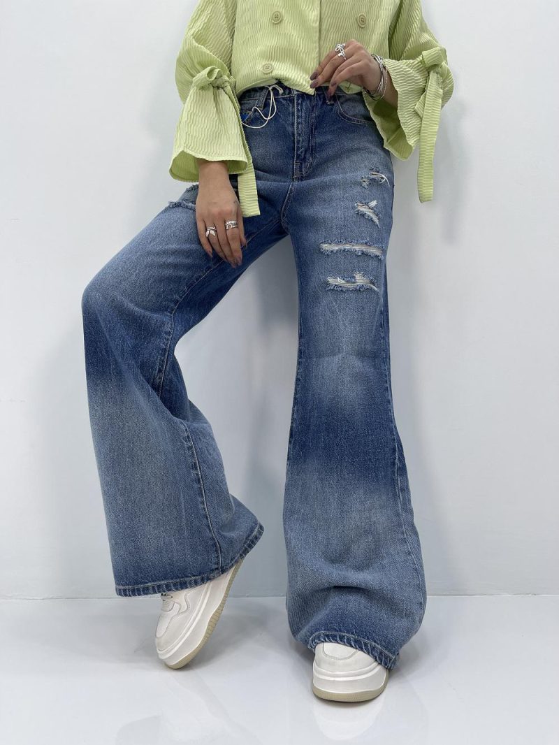 شلوار جین زنانه واید لگ بلند آبی سنگشور