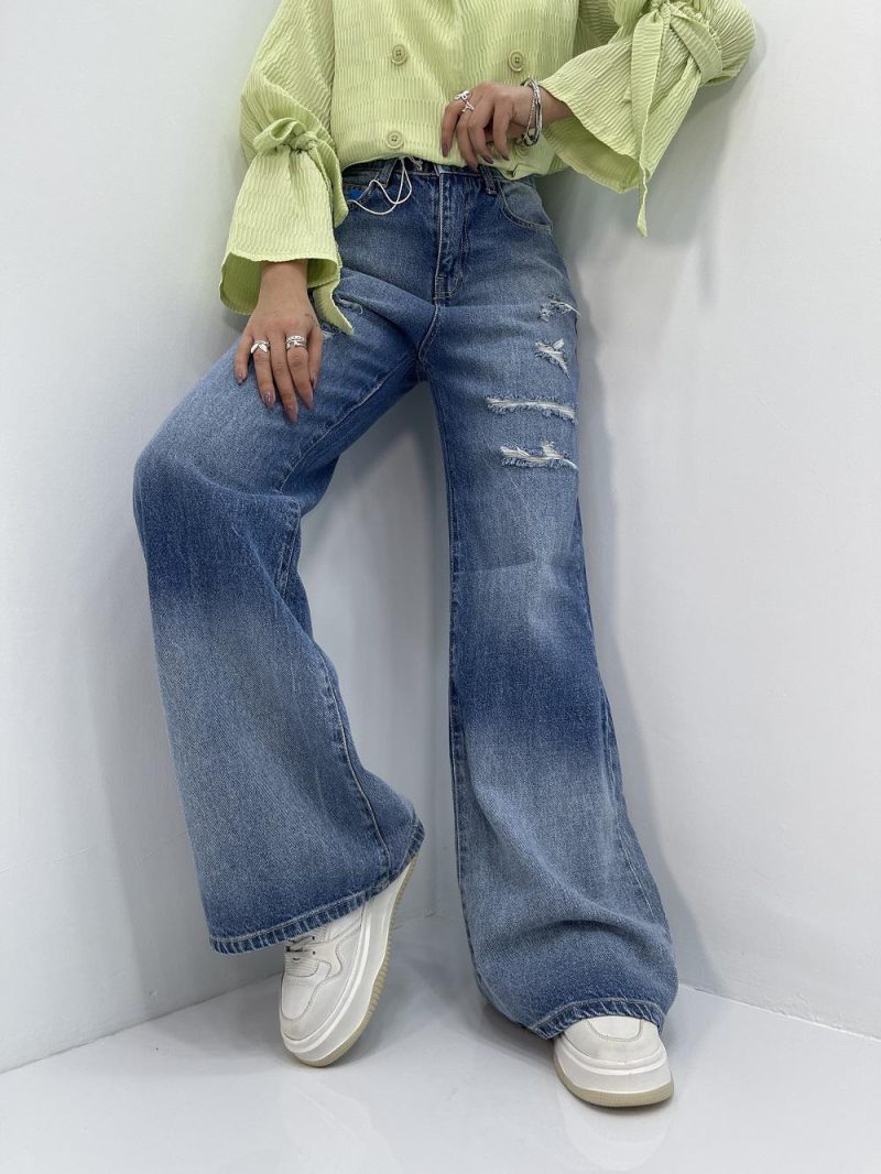 شلوار جین زنانه واید لگ بلند آبی سنگشور