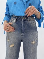 شلوار جین زنانه واید لگ بلند آبی سنگشور