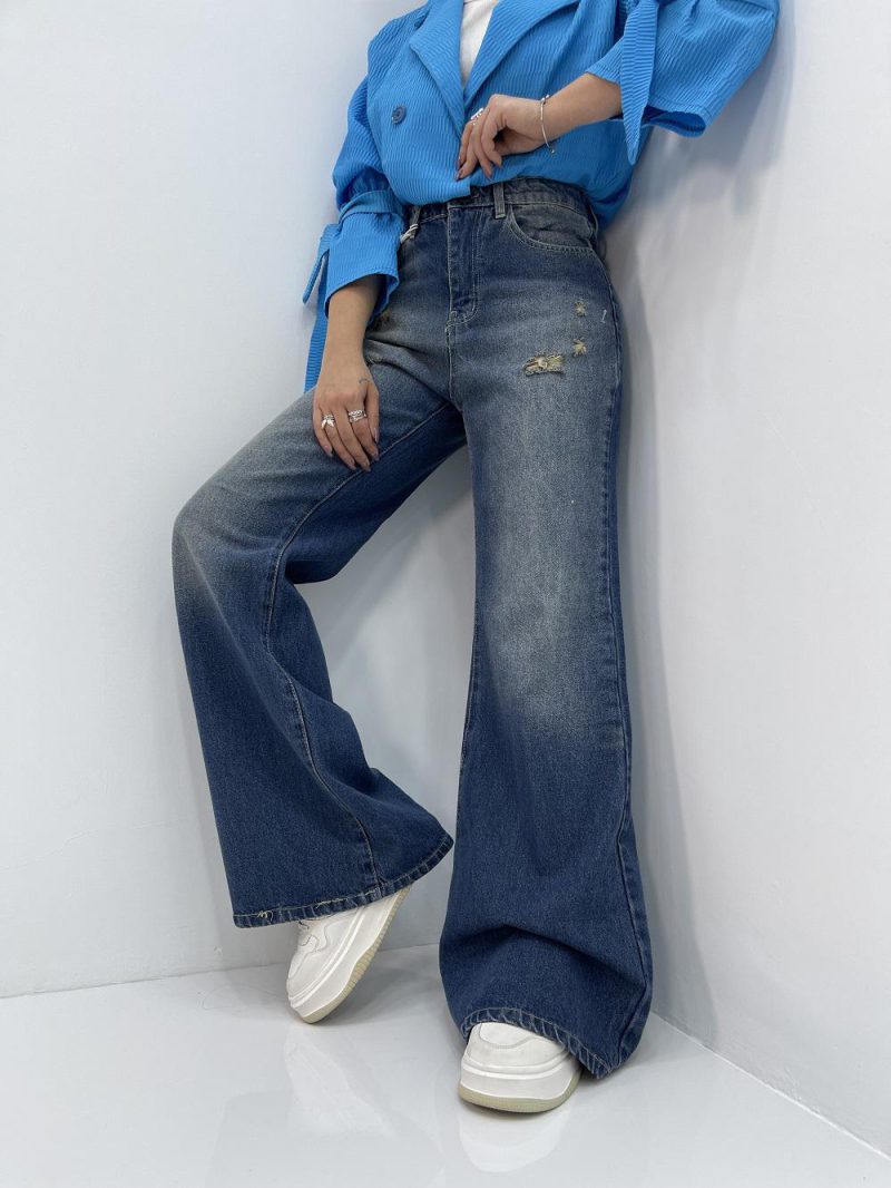 شلوار جین زنانه واید لگ بلند آبی سنگشور