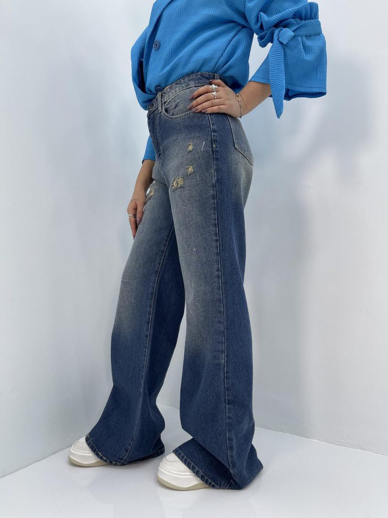 شلوار جین زنانه واید لگ بلند آبی سنگشور